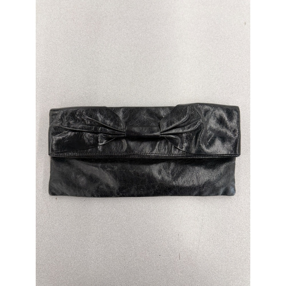 Hobo International Black Leather Bow Foldover Clutch Bag Paisley Lining